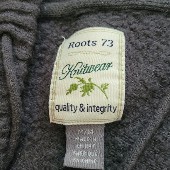 Roots 73 Size M Hooded V-Neck Knit Sweater Wood Bead Tie Drawstring Hem - Picture 8 of 10